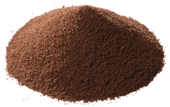A close-up of a heap of ground coffee on a white background