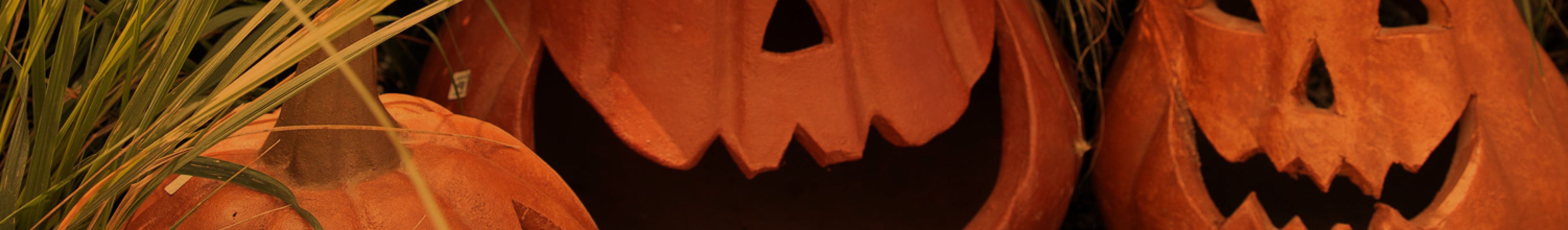 Close-up of carved Halloween pumpkins with glowing eyes in a dark setting