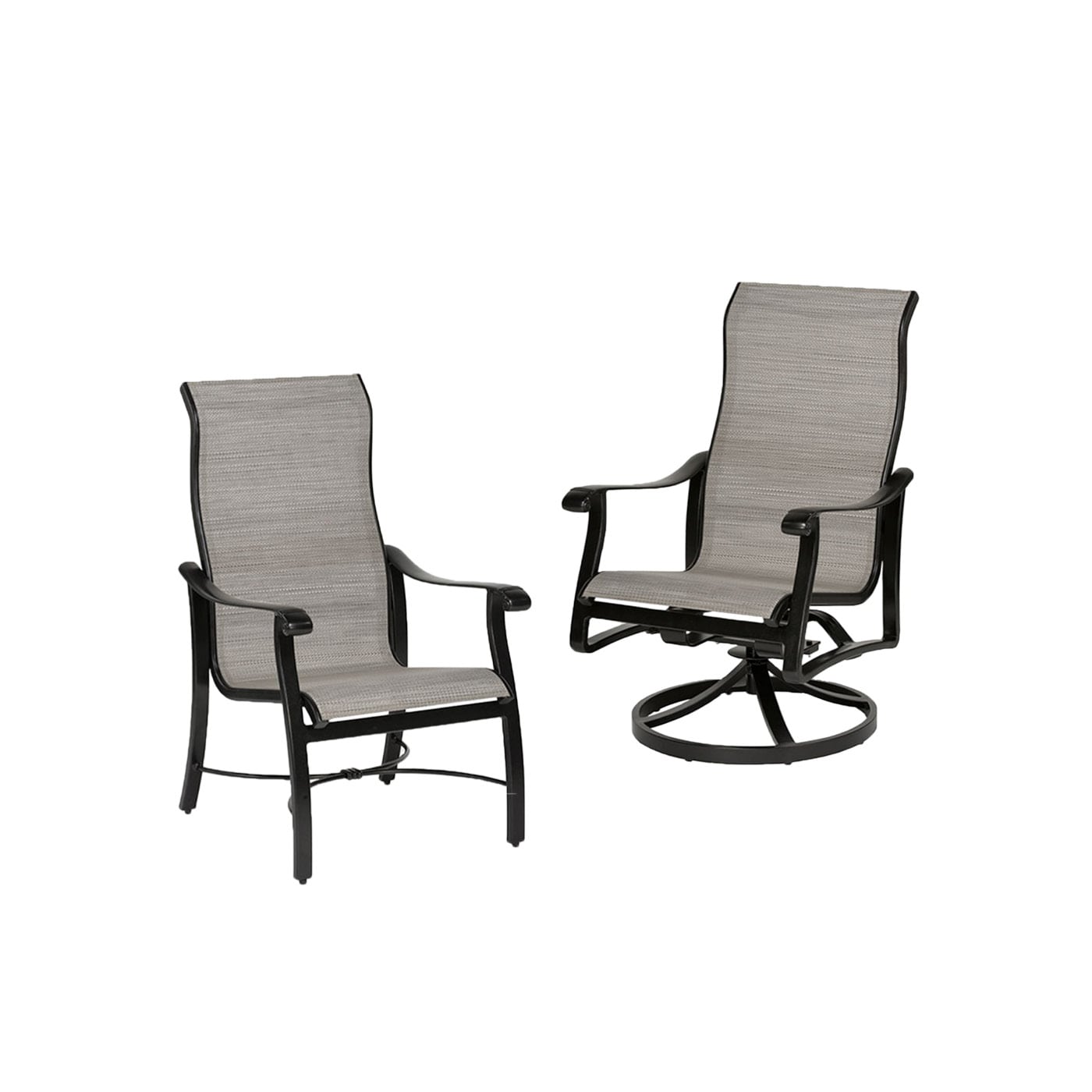 Two black outdoor patio chairs, one swivel and one stationary, with gray cushions