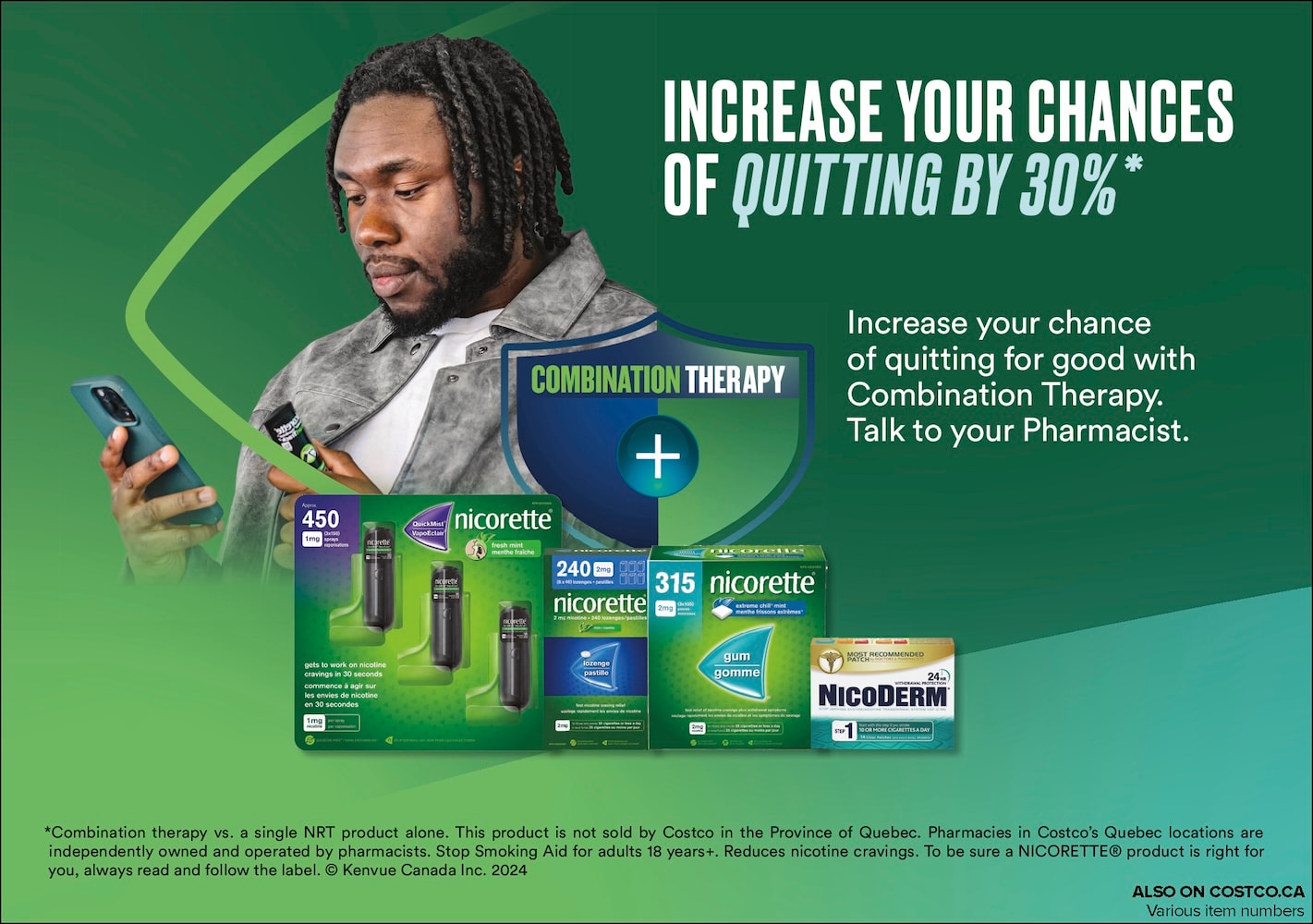 Ad for smoking cessation products featuring a man using a smartphone, with text and product images