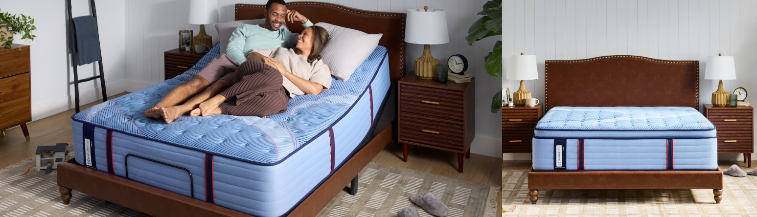 Three images showing a mattress in different settings: on a bed, as a bench, and details