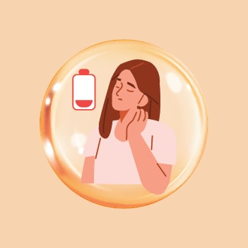 Illustration of a woman with a sore throat and a low battery icon, enclosed in a bubble