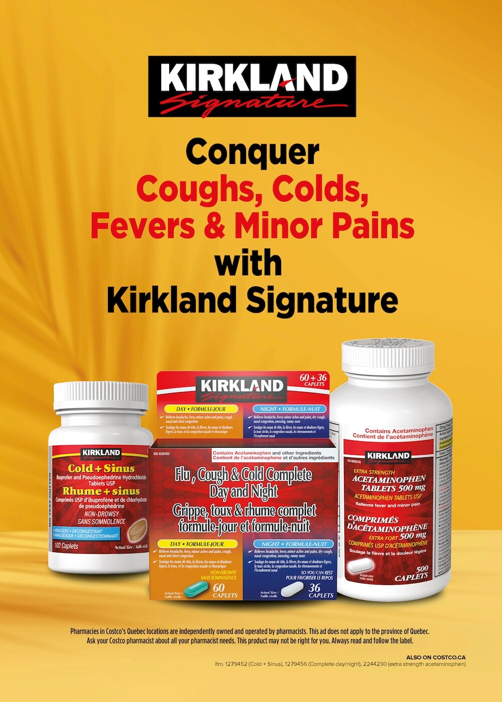 Ad for Kirkland Signature cold and pain relief products on a yellow background