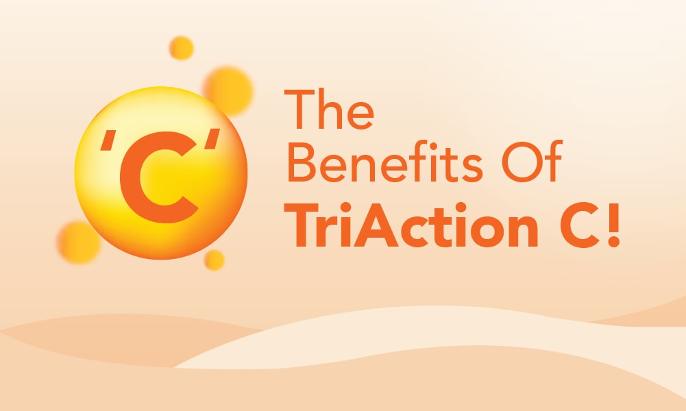 Promotional graphic featuring the text 'The Benefits Of TriAction C!' with a stylized orange letter C and glowing bubbles