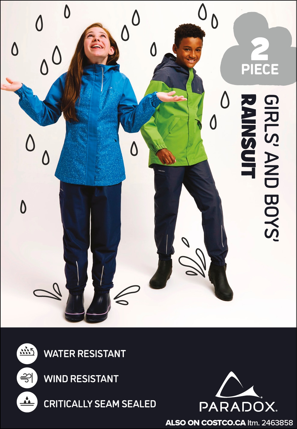 Ad for Paradox 2-piece rain suits featuring a girl and boy modeling water-resistant, wind-resistant outfits