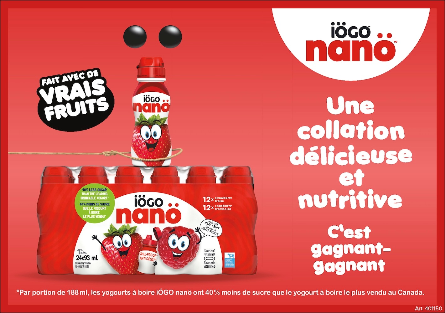 Ad for iögo Nano yogurt products, featuring strawberry yogurt and multi-pack on red background with text