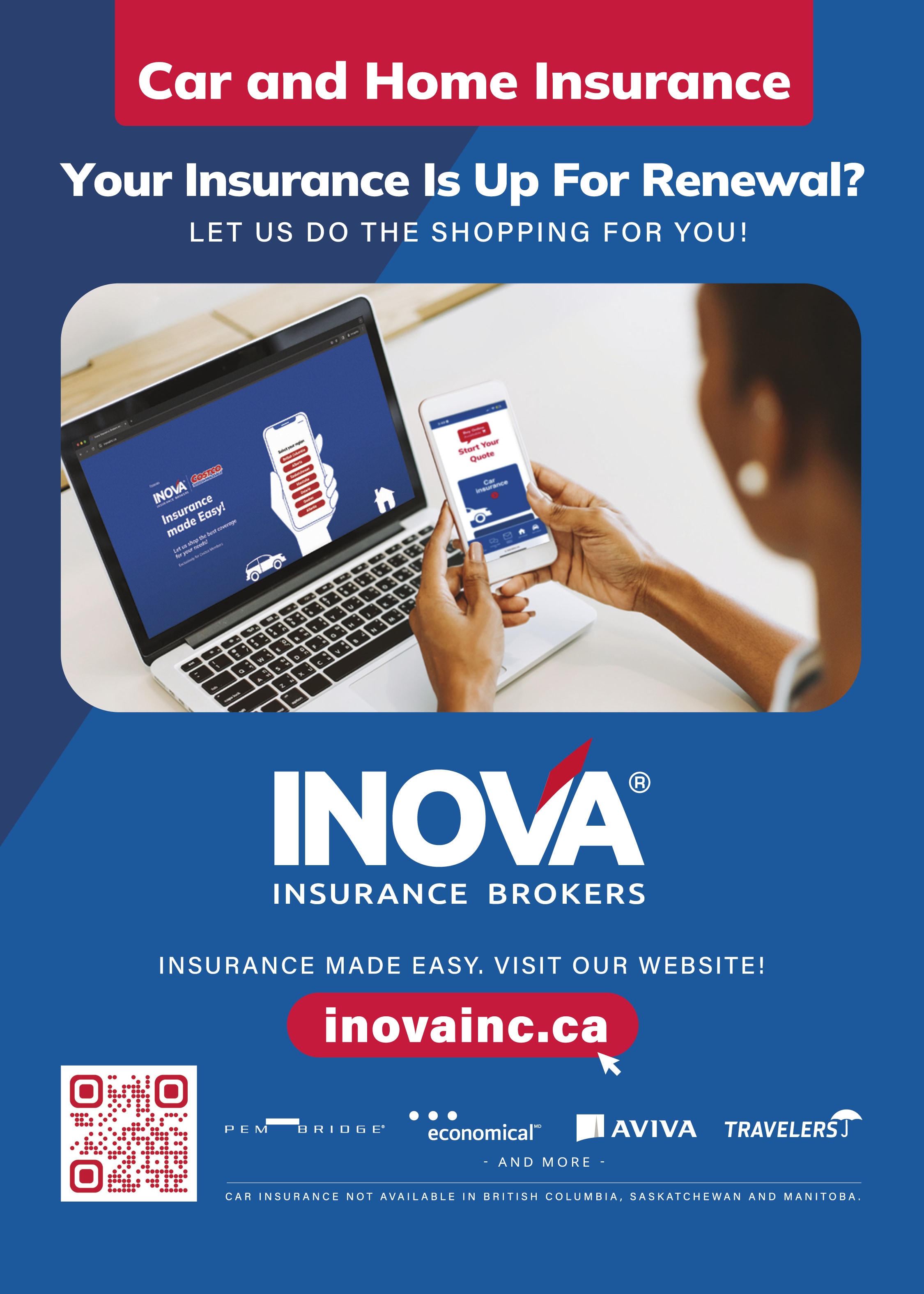 Ad for INOVA Brokers: Person using laptop with insurance website, promoting car and home insurance renewal services
