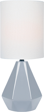 A modern table lamp with a gray geometric base and a white cylindrical shade