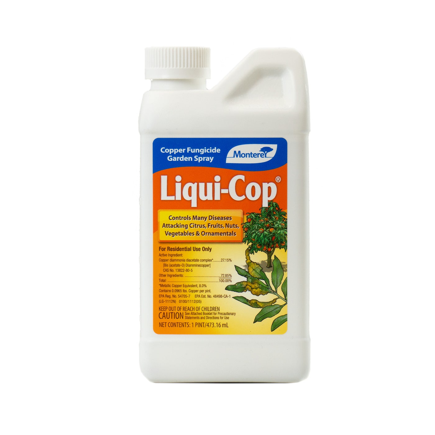 A bottle of Liqui-Cop copper fungicide for garden use