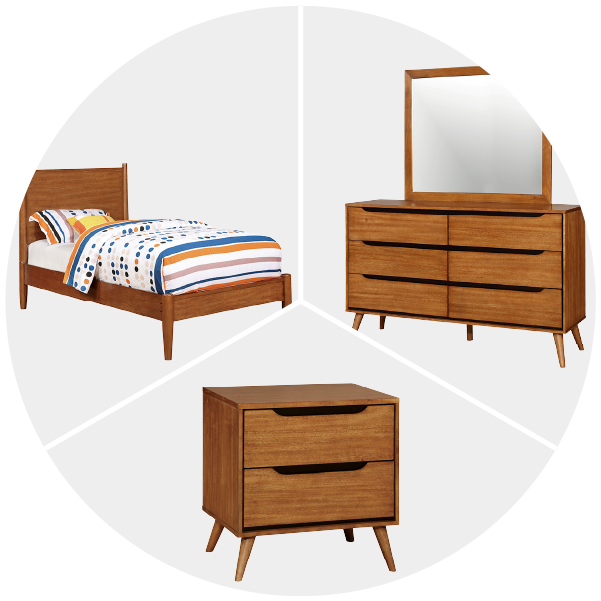 Mid-century modern bedroom furniture set including a bed, dresser with mirror, and nightstand