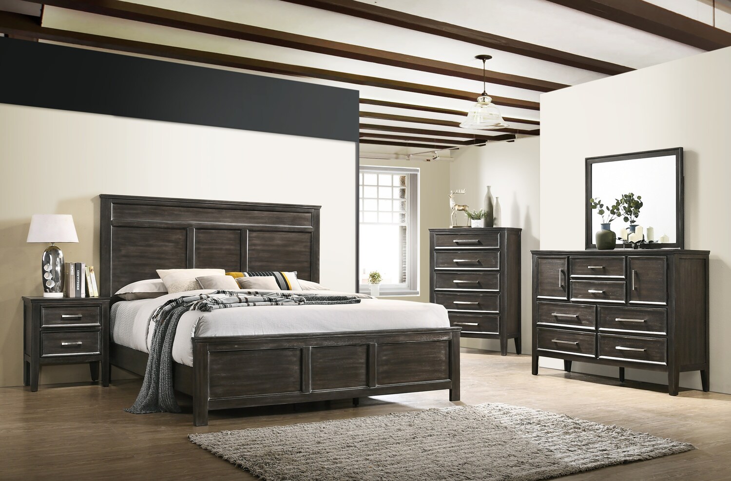 Modern bedroom with dark-wood furniture, a large bed, and decorative ceiling beams