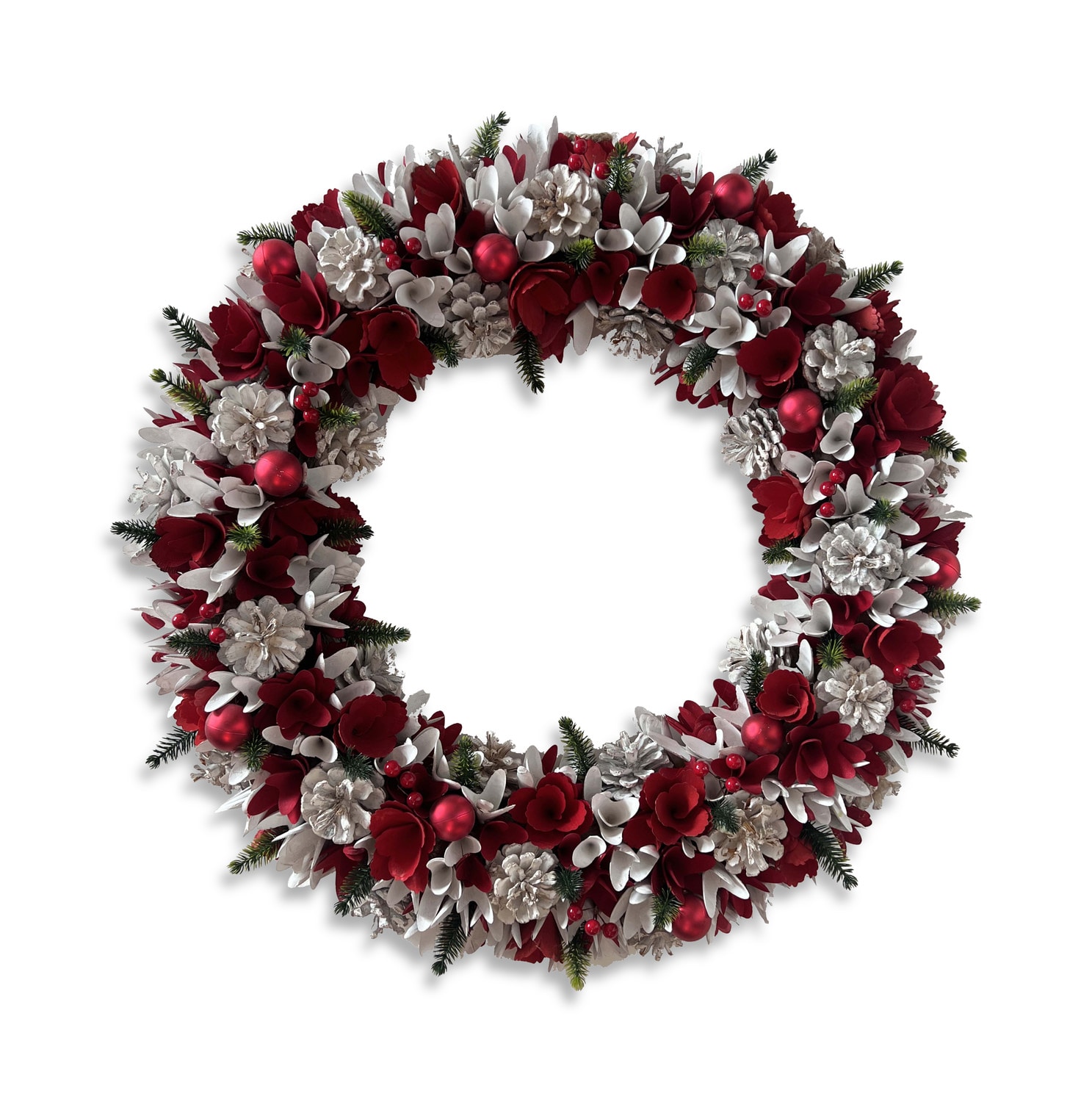 Red and white floral wreath on a white background