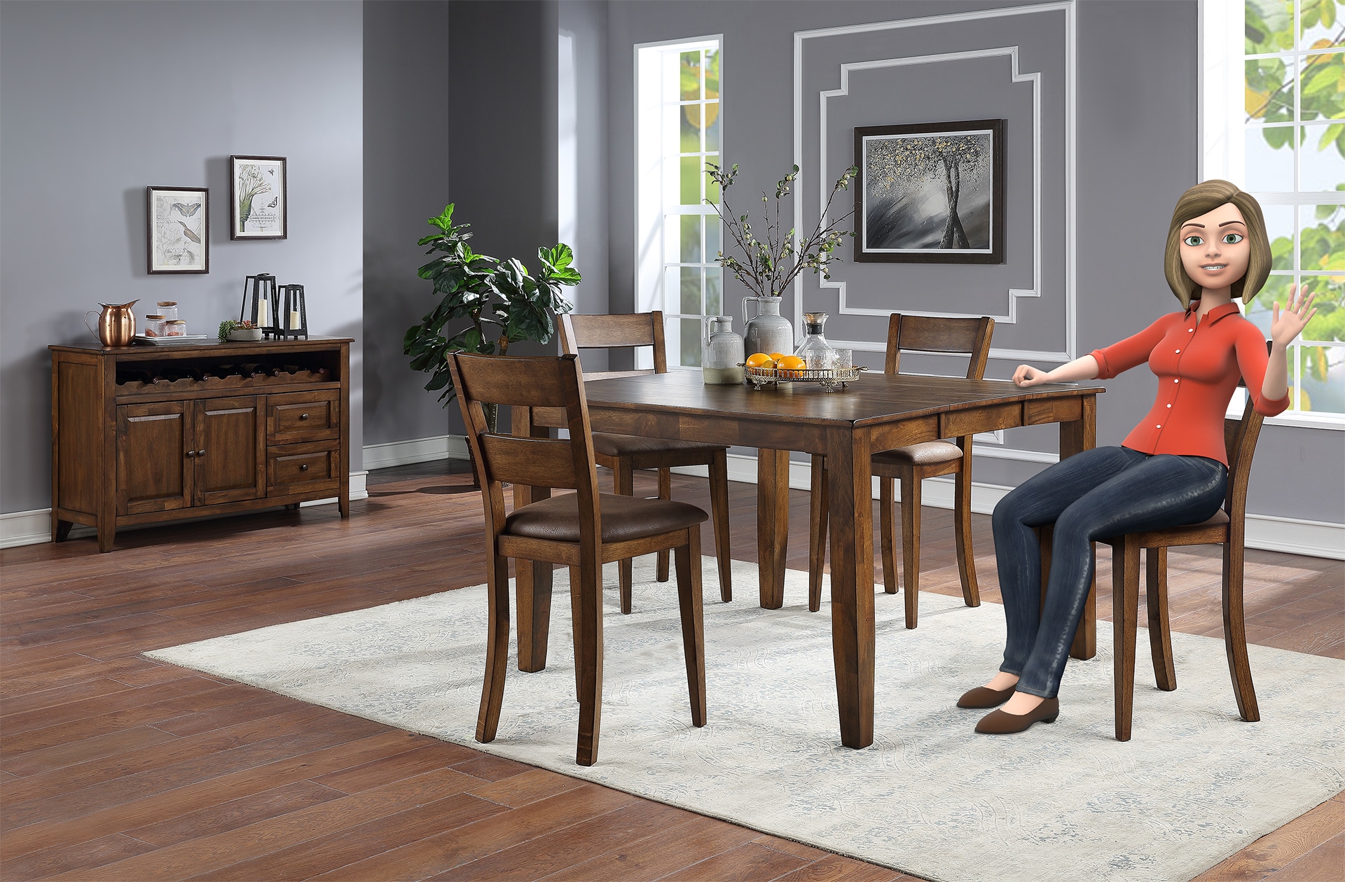 Animated woman sitting at a dining table in a modern room