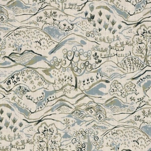 Detailed fabric pattern with stylized trees, leaves, and nature motifs in muted colors