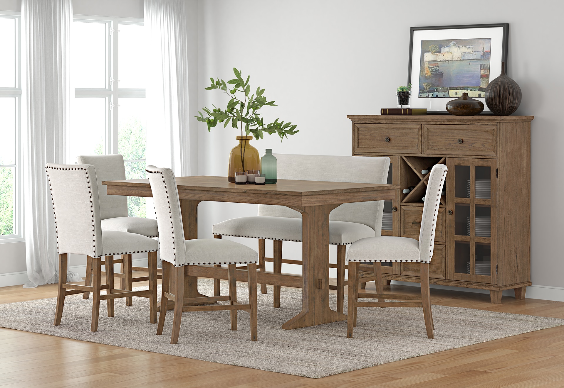 Modern dining room with a wooden table, four chairs, and a sideboard in a bright interior