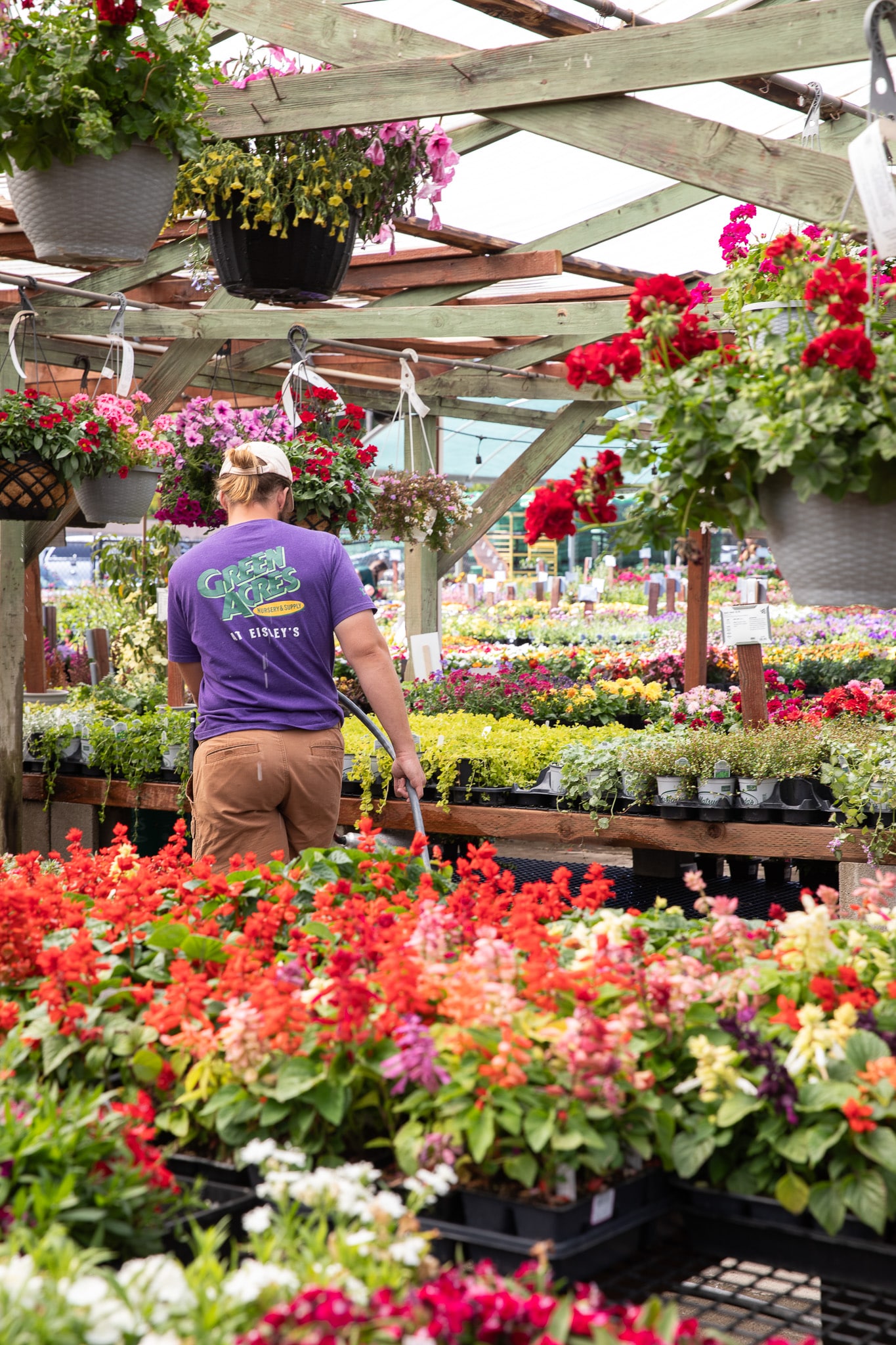 Person tending plants at a vibrant, colorful garden center