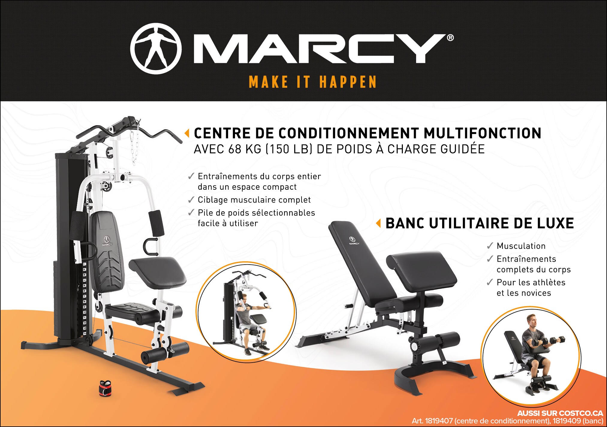 Publicité pour Marcy, présentant un centre de conditionnement multifonction et un banc utilitaire de luxe