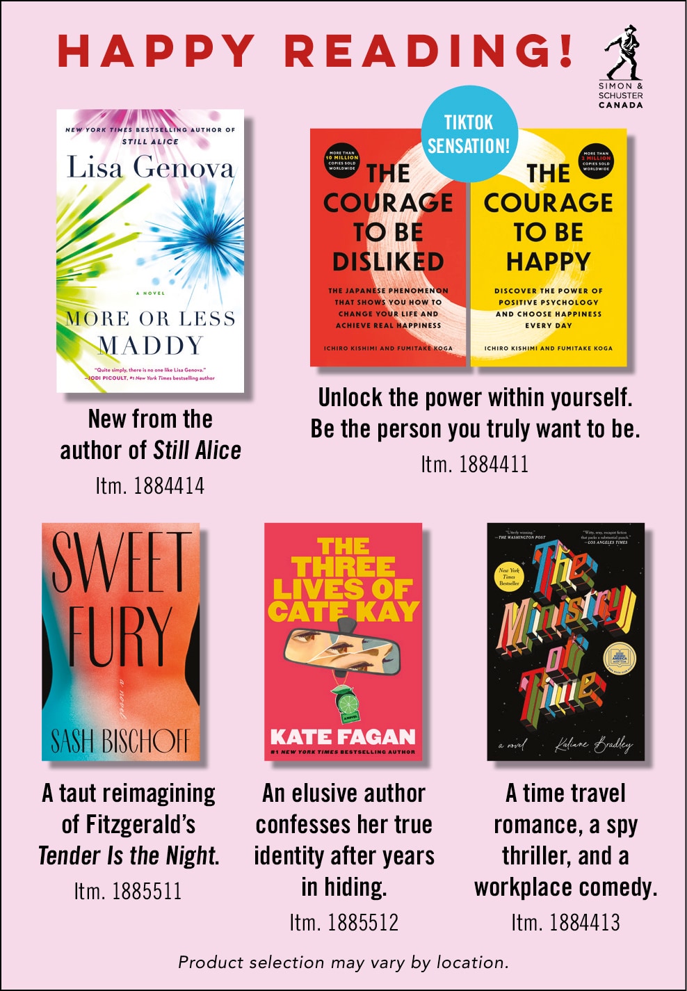 Ad for various books including "No More or Less" and "The Courage to Be Happy" with colourful covers and descriptive text