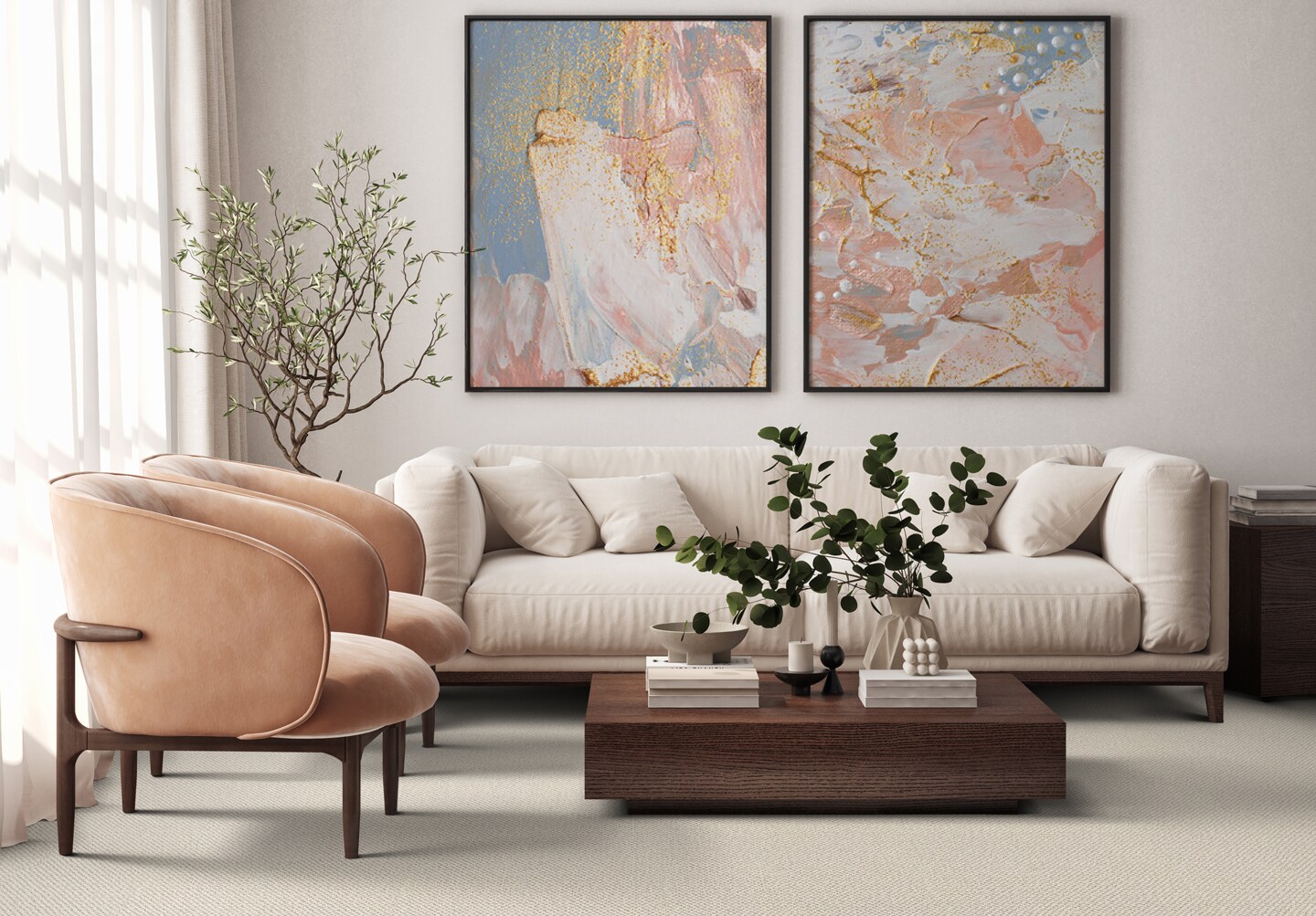 Modern living room with a beige sofa, tan armchair, and abstract wall art