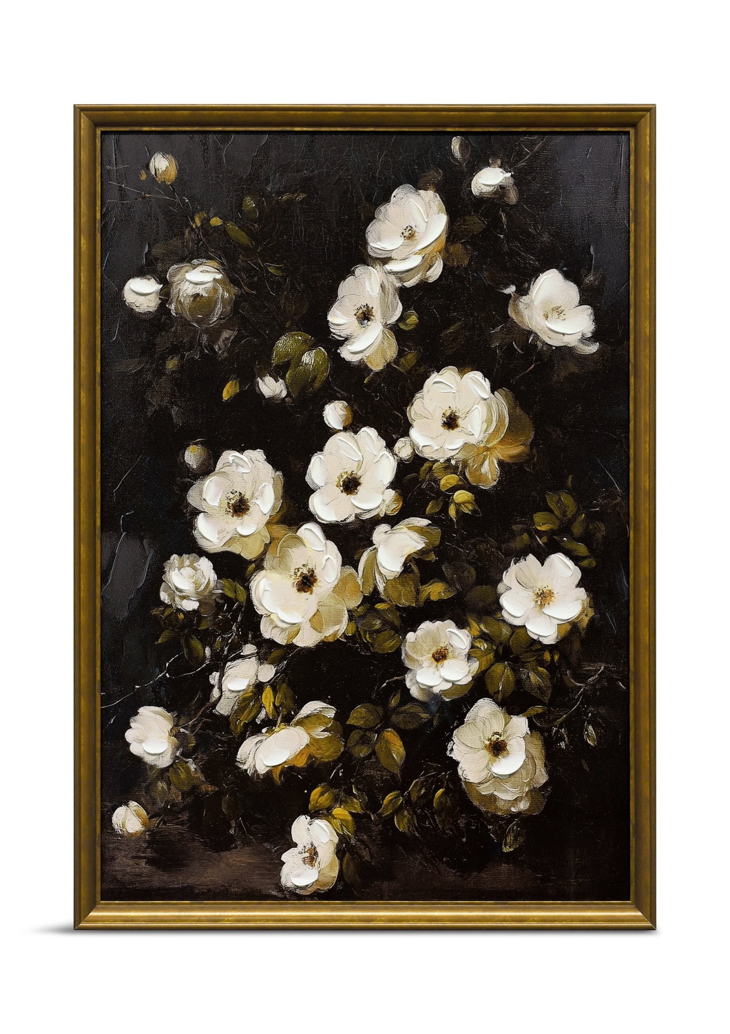 Oil painting of white flowers on a dark background in a golden frame
