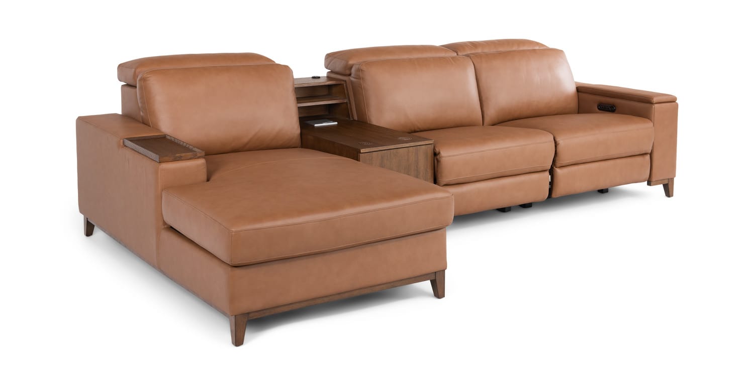 Brown leather sectional sofa with reclining seats and extended footrest