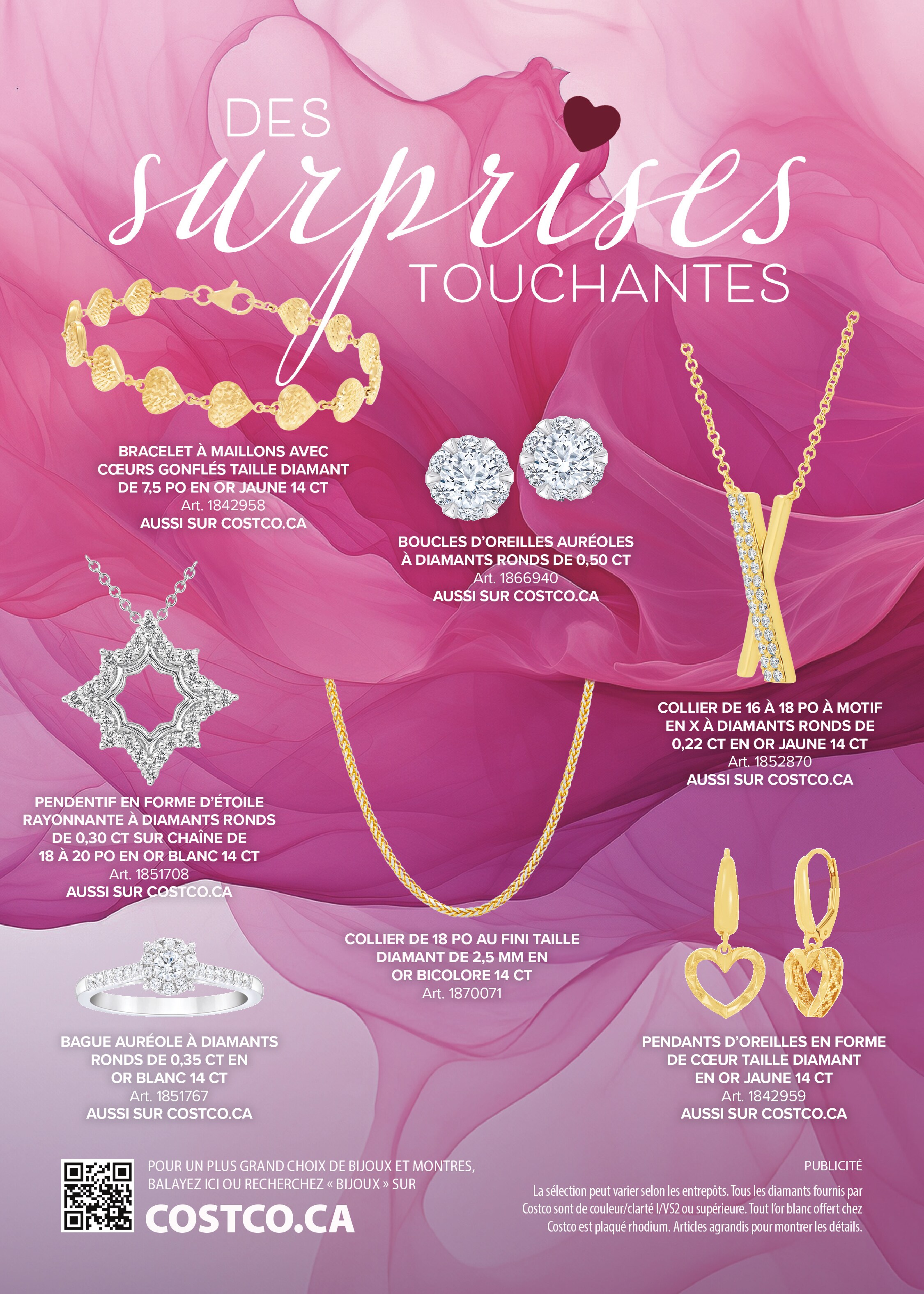 Publicité Costco pour bijoux : colliers, boucles d'oreilles et bracelets sur fond rose
