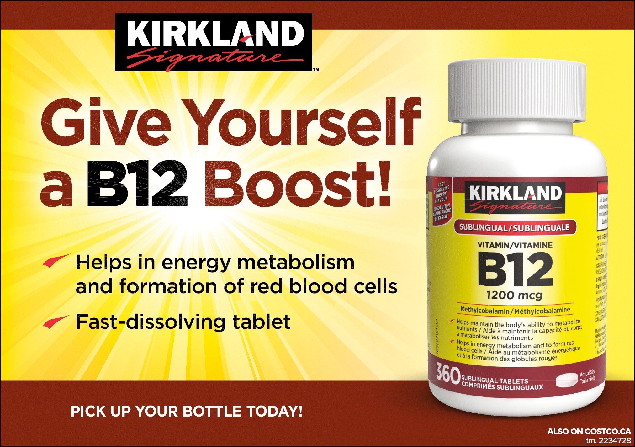Ad for Kirkland Signature B12 Supplement, featuring a bottle and benefits like energy metabolism and red blood cell formation