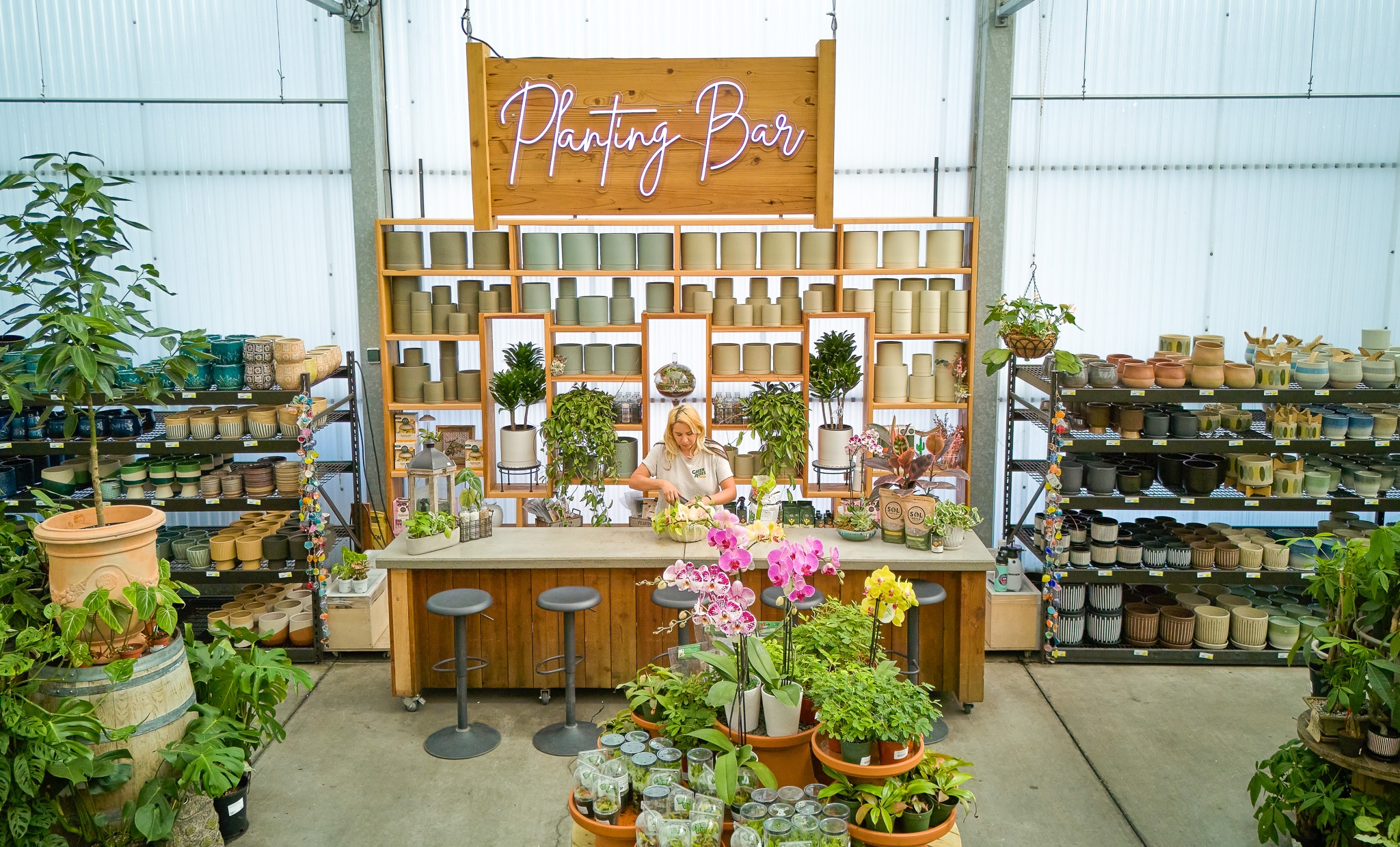 Woman managing a plant store with various plants and a "Potting Bar" sign