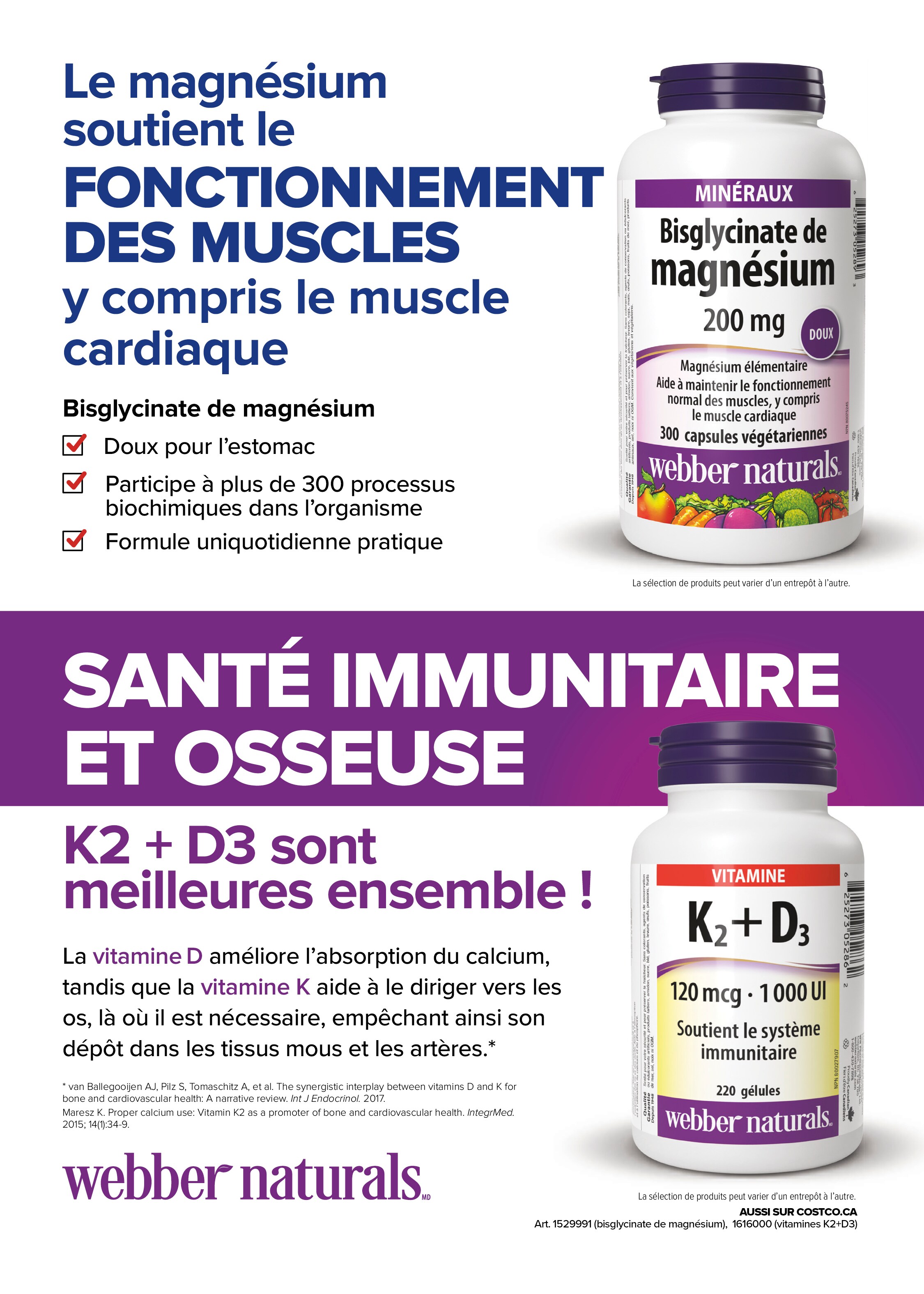 Publicité Webber Naturals pour suppléments de magnésium et vitamines K2 + D3, avec descriptions des bienfaits santé