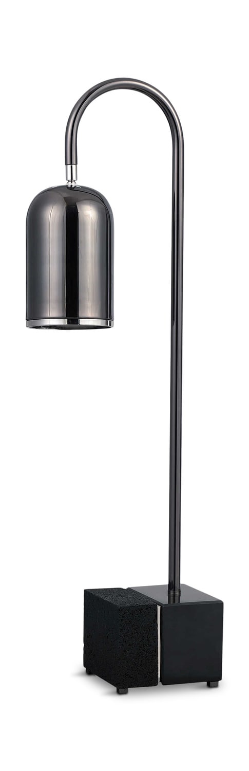 Modern desk lamp with curved neck and metallic shade on a black square base