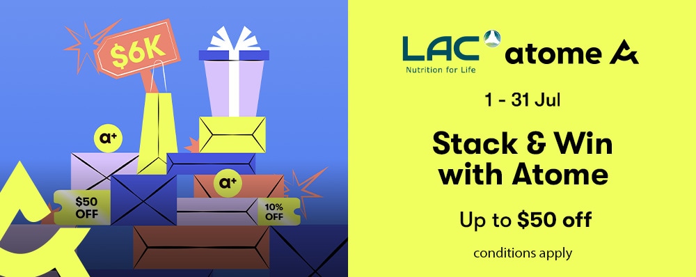 Ad graphic for "Stack & Win with Atome," showing gift boxes, discount tags, and promotion details