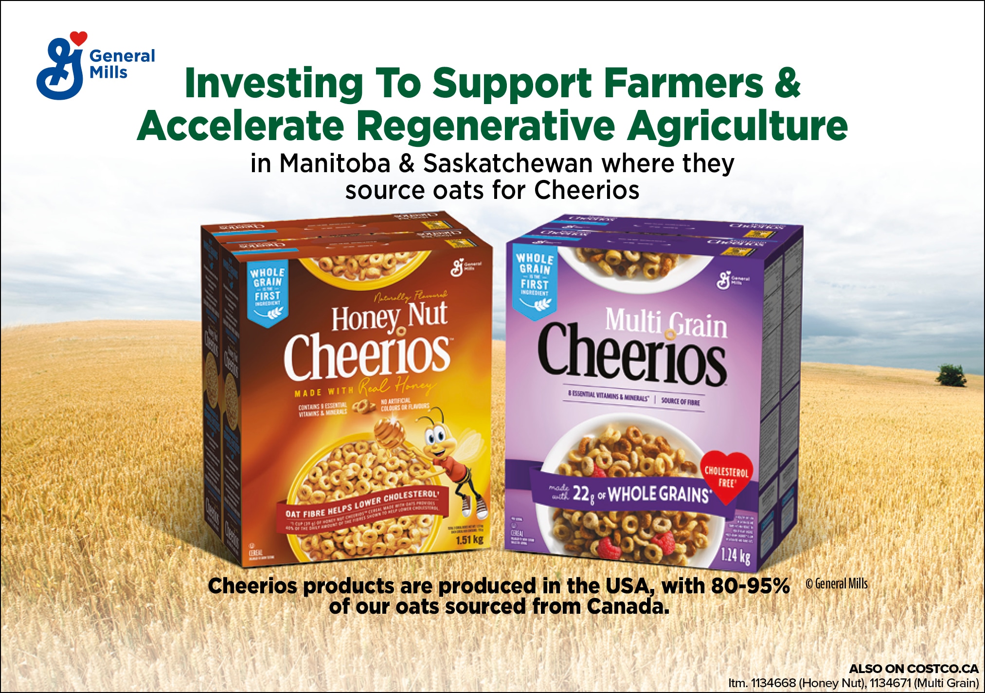 Ad for Honey Nut Cheerios and Honey Oat Cheerios highlighting investment in regenerative agriculture in Canada