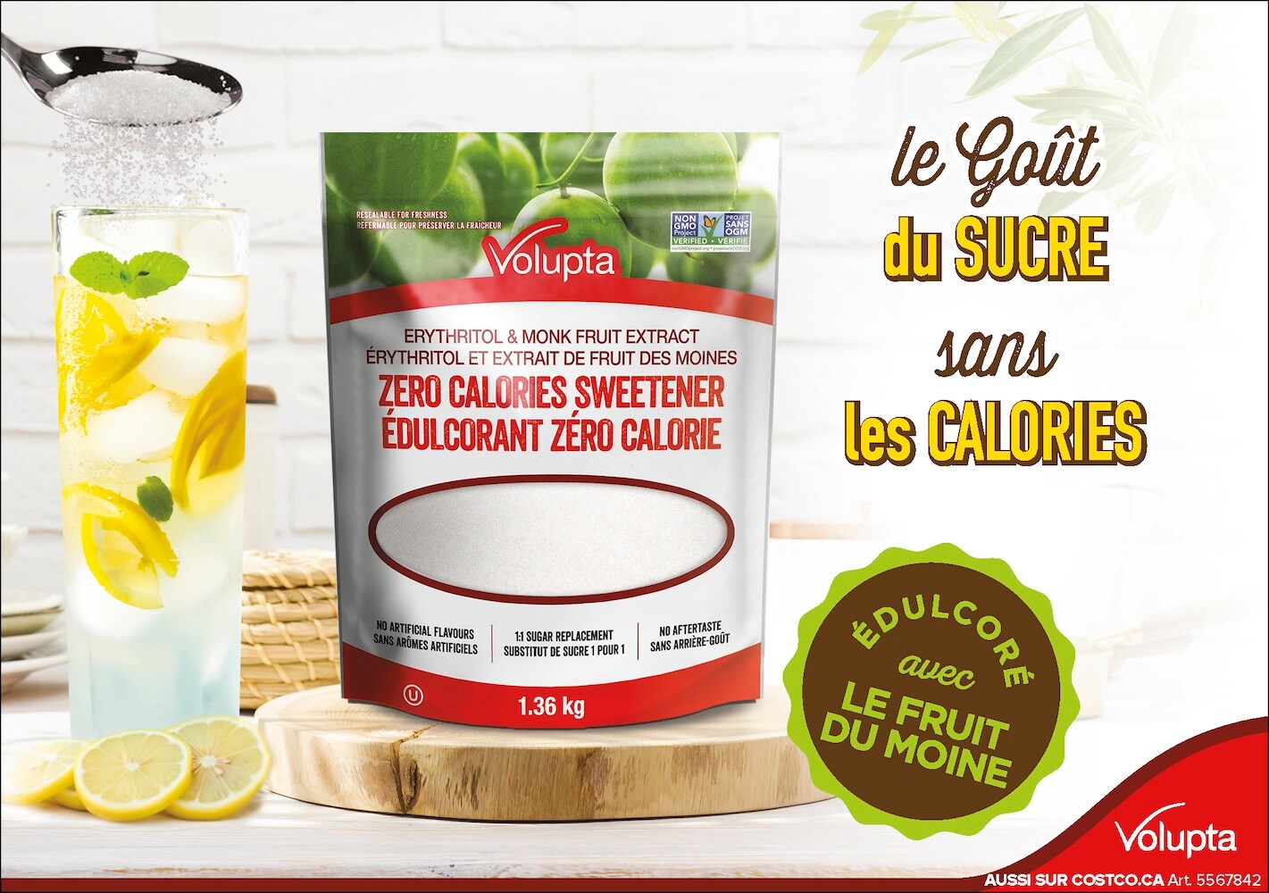 Ad for Voulgata sweetener, canister displayed with lemons and mint, text highlighting zero calorie feature