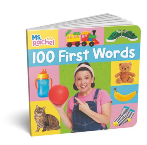 Ad for "100 First Words" book by Ms. Rachel, featuring colorful images of everyday objects and a smiling woman with a red balloon