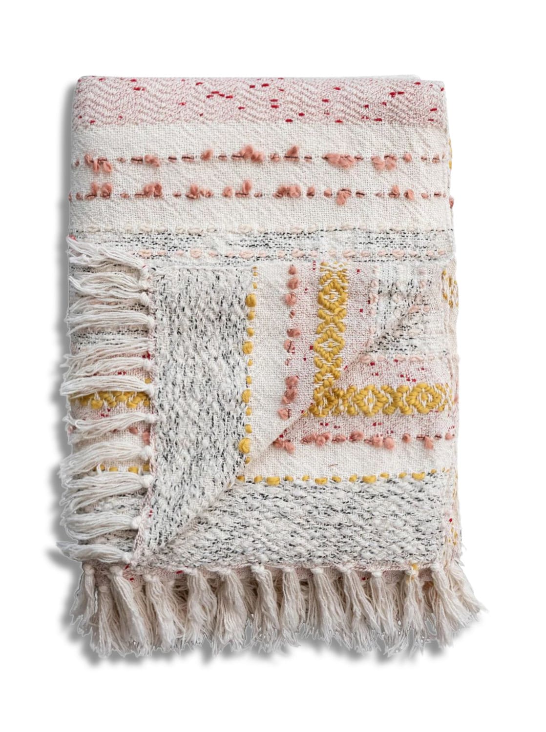 Decorative cream-colored throw blanket with pink and yellow embroidery and fringed edges