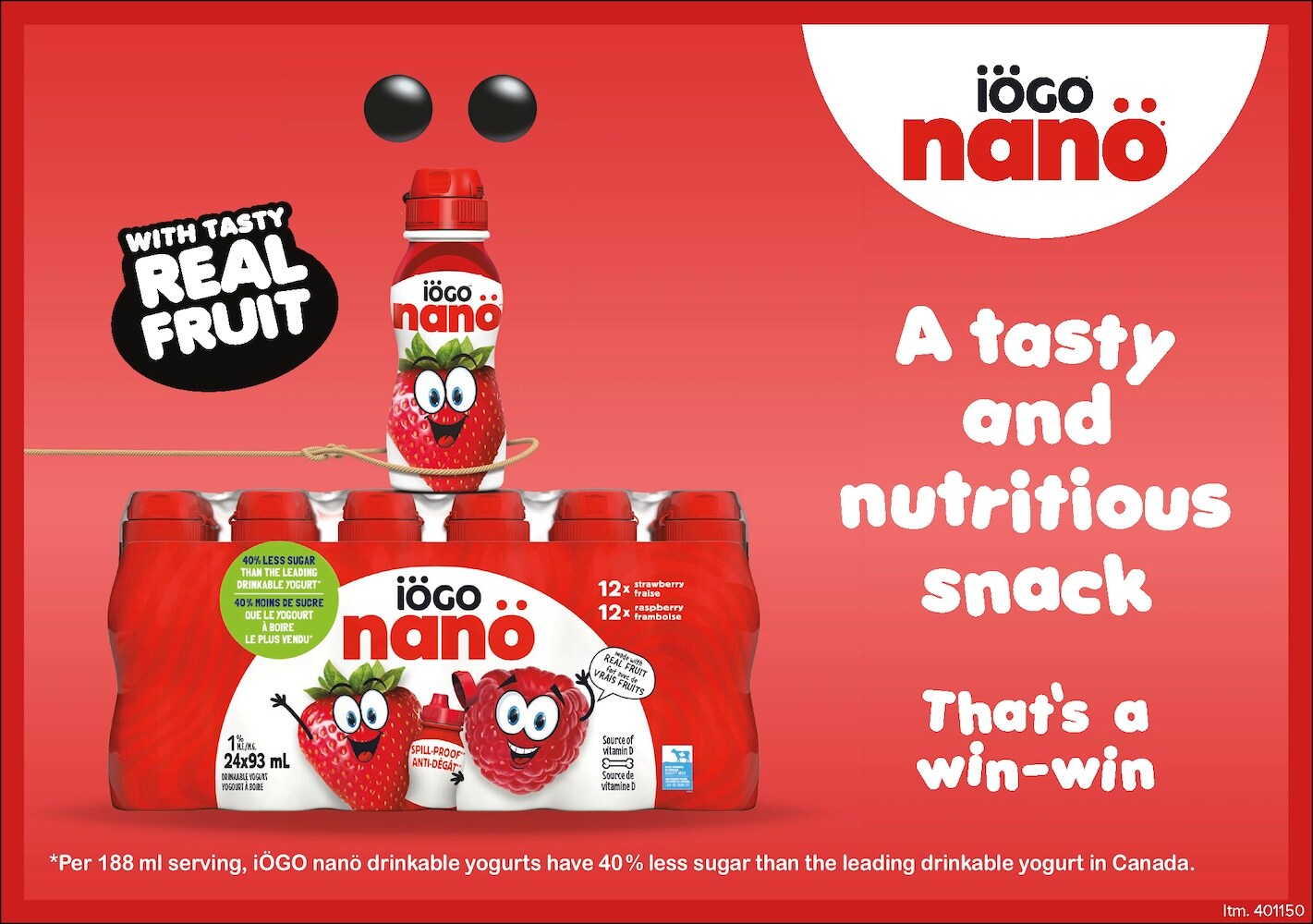 Ad for iögo Nano yogurt packs, featuring red packaging and fruit images, promoting as healthy snack