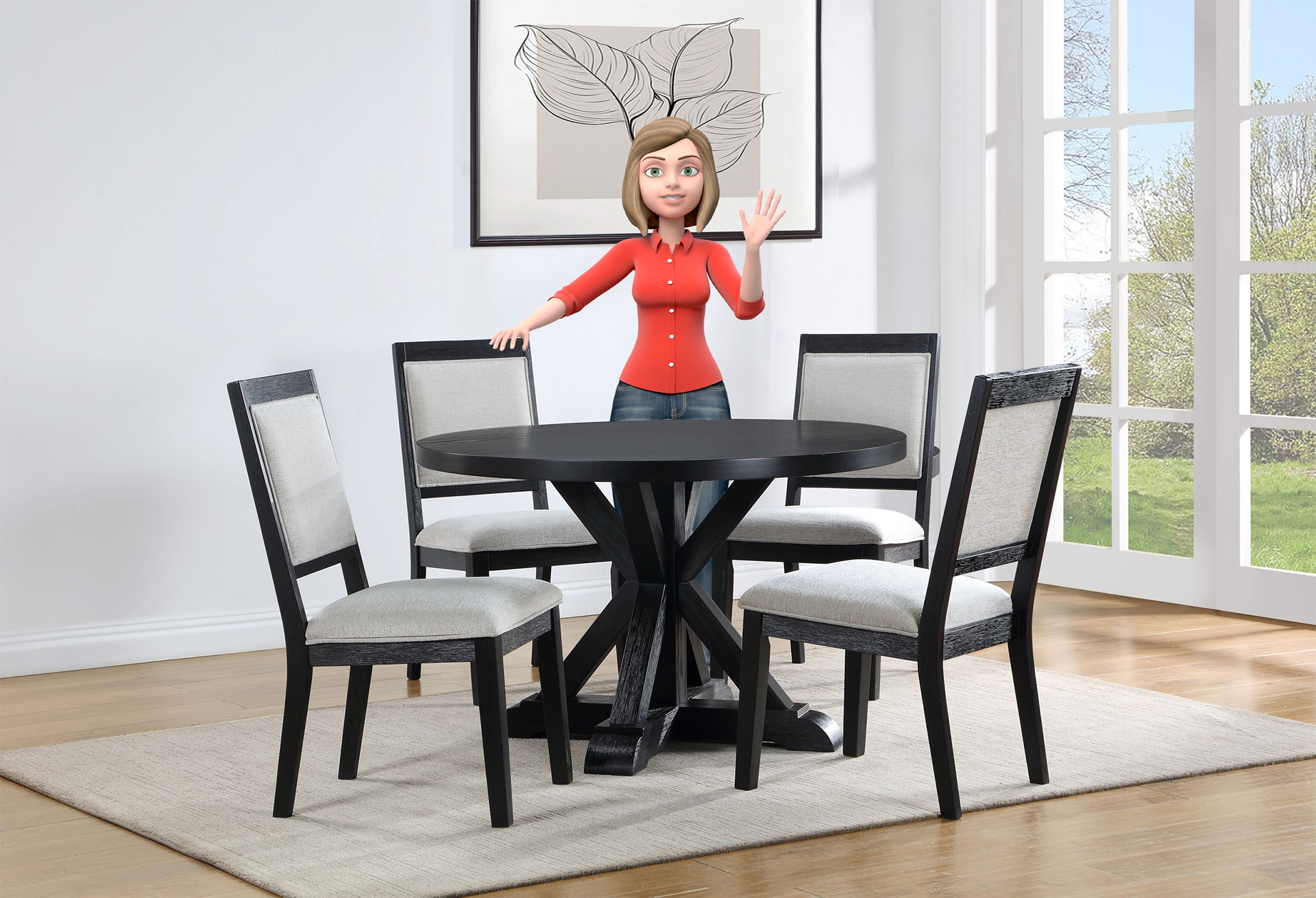 3D animated woman standing behind a dining table with four chairs in a bright room