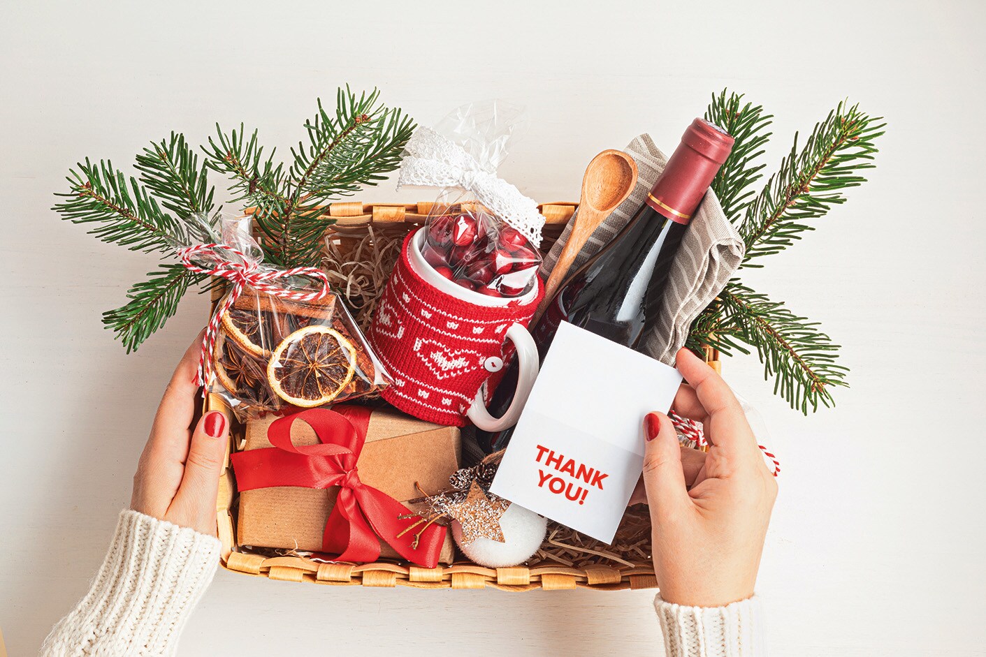 Image of a gift basket with a thank you note