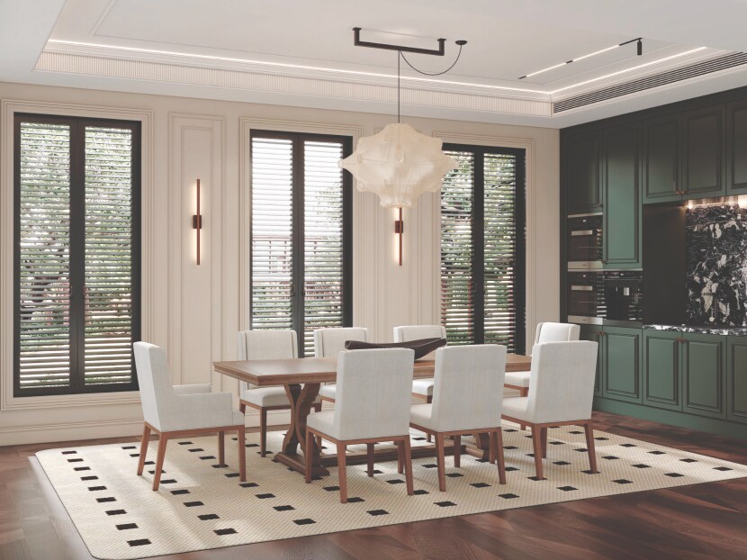 Salle à manger élégante avec table en bois, chaises blanches et décoration moderne