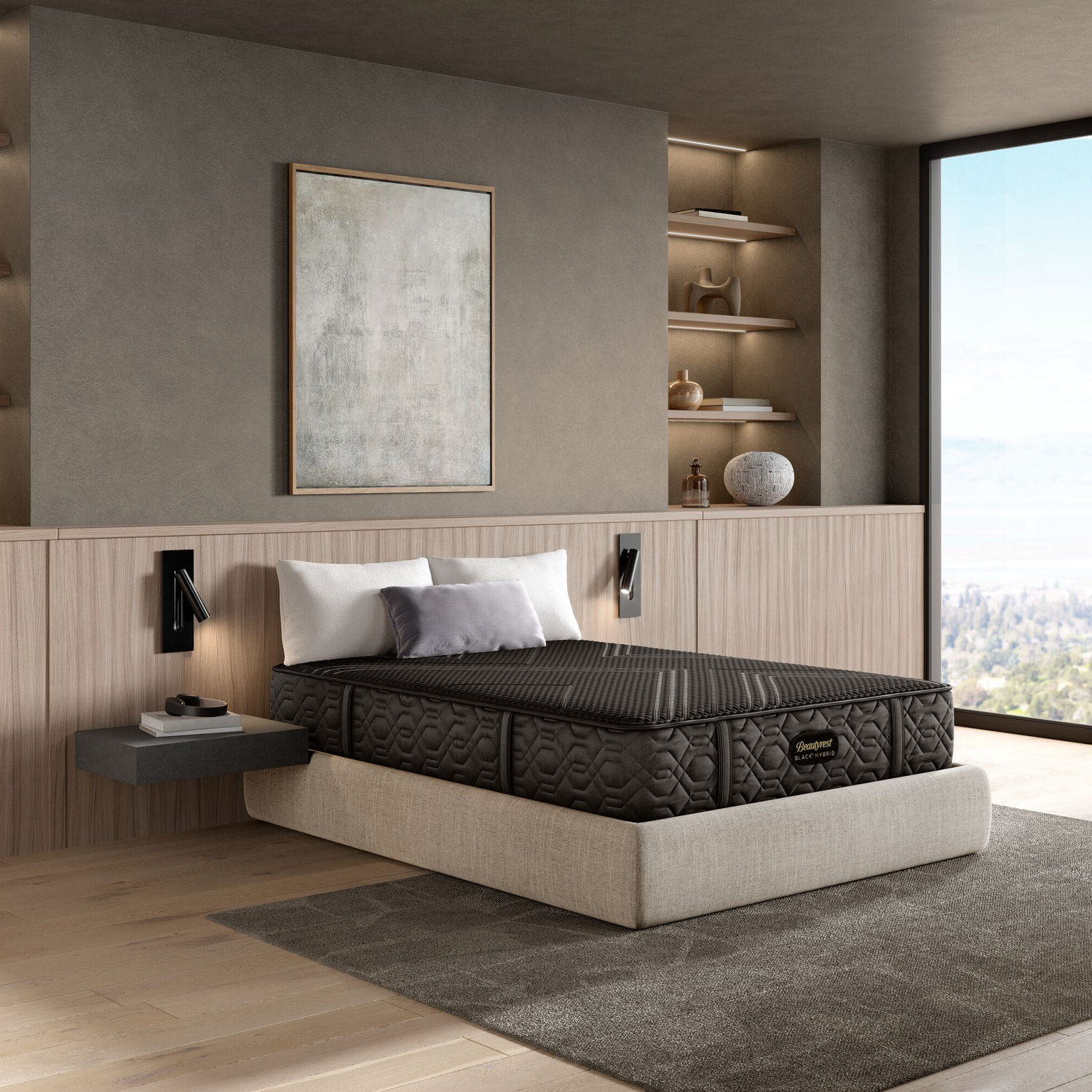 Modern bedroom with a stylish bed, wooden headboard, and large window with a view