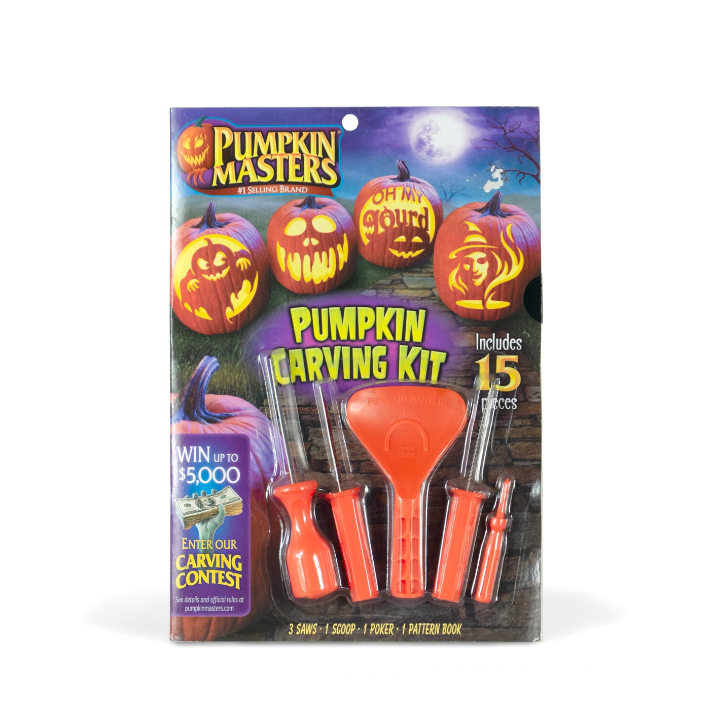 Pumpkin Masters carving kit packaging with tools and examples of carved pumpkins