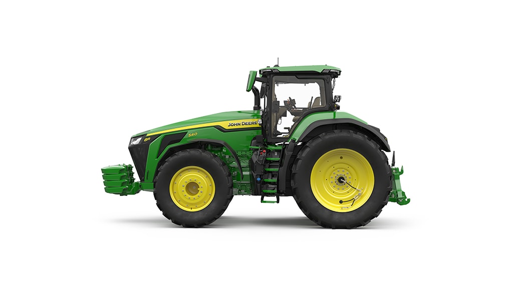 Green tractor with large yellow wheels, facing right, isolated on white background