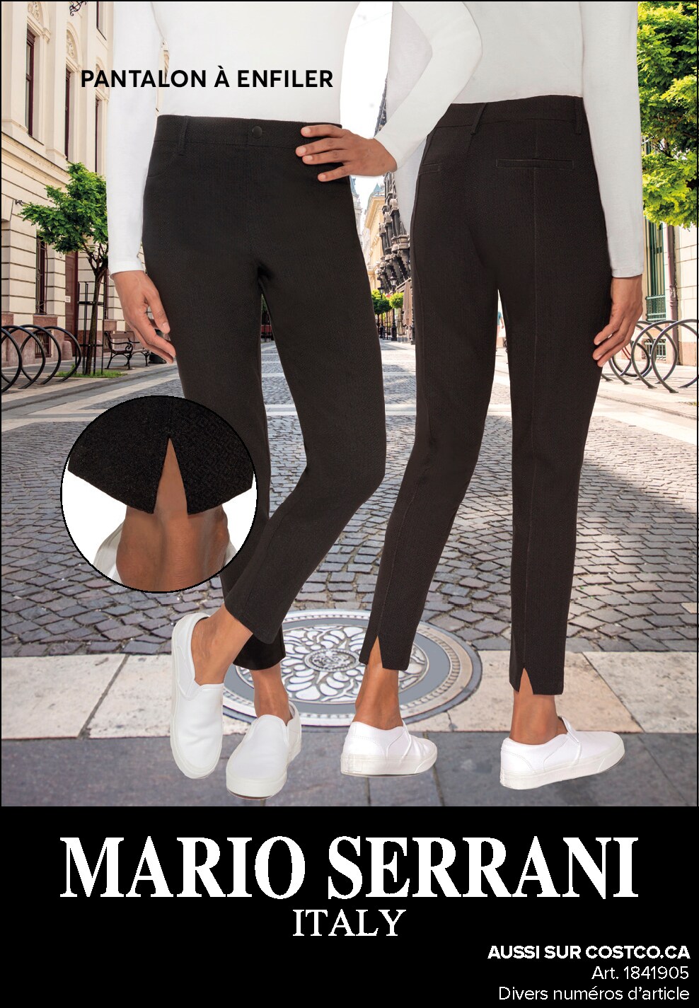 Publicité pour pantalon Mario Serrani, deux femmes portant des pantalons noirs élégants