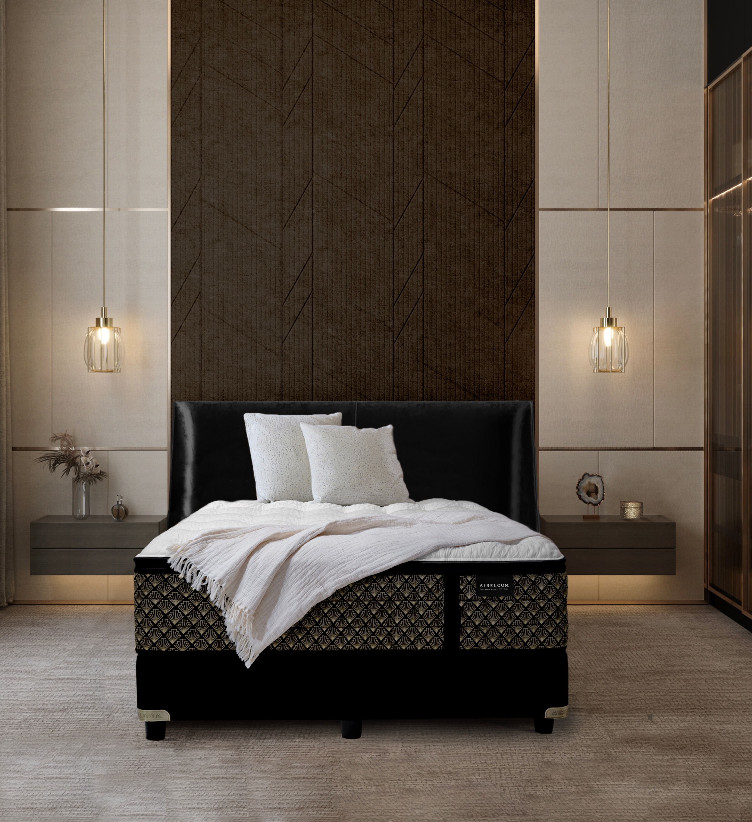 Luxury bedroom with a black ornate bed, white bedding, and elegant wall lamps in a dark-toned decor
