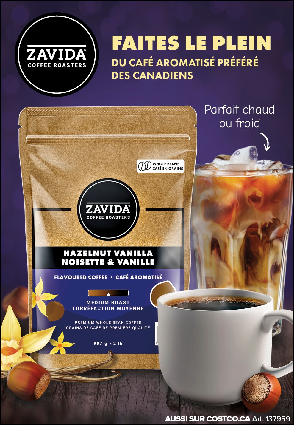 Publicité pour le café aromatisé Zavida, disponible chaud ou froid, présenté dans un emballage et une tasse