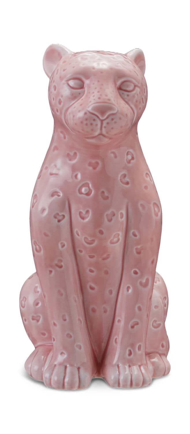 Pink ceramic leopard sculpture with textured spots, sitting upright