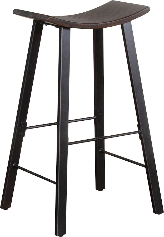 Dark wooden bar stool with a curved seat and four legs