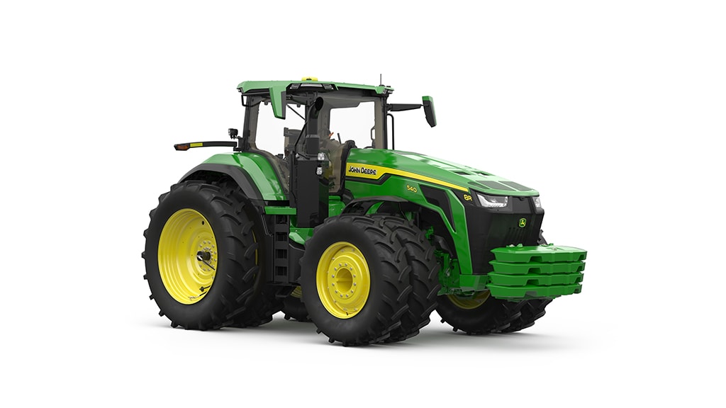 Green tractor with yellow wheels on a white background