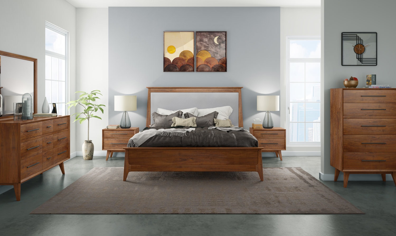 Modern bedroom with wooden furniture, gray rug, and minimal decor