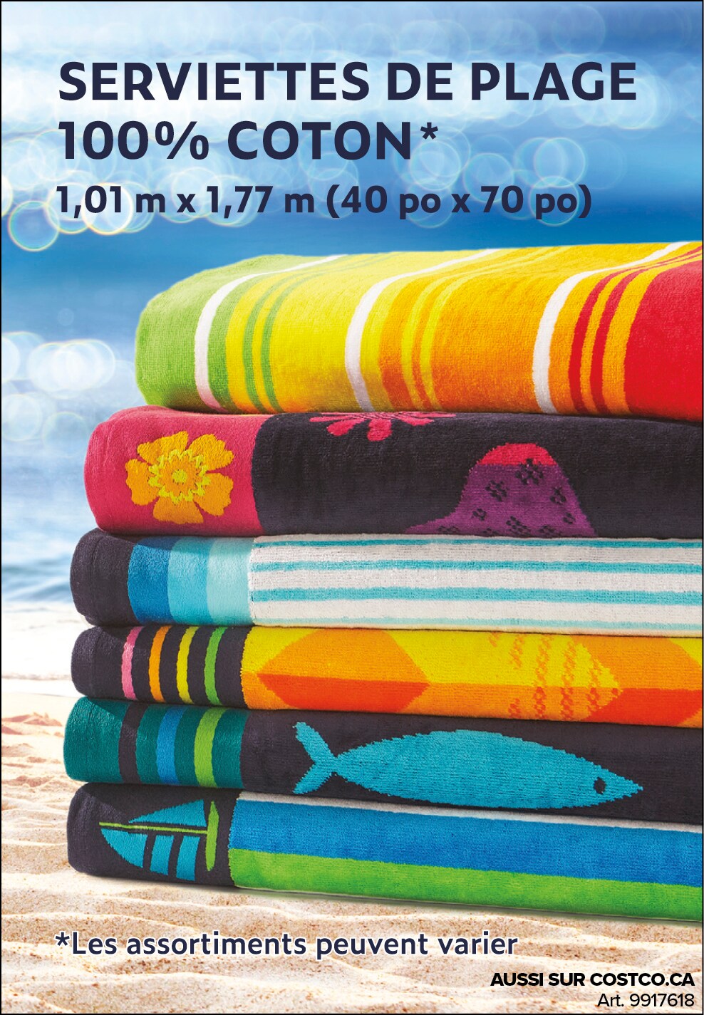 Publicité pour des serviettes de plage en coton, multicolores avec motifs, disponibles chez Costco